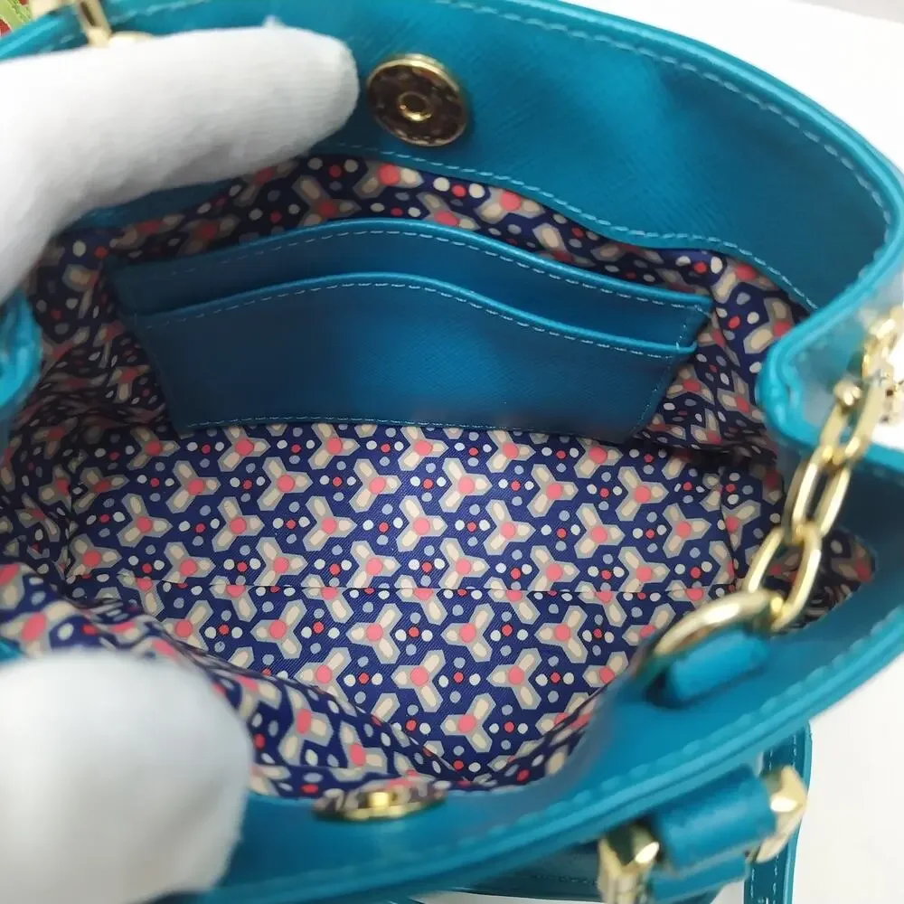 Tory Burch Robinson Blue Leather Doubled Handles Mini Tote Crossbody Bag